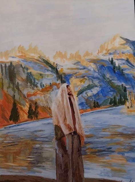 By the Mountain Lake — Gouache